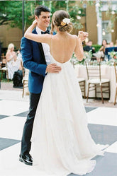 Cheap Ivory Spaghetti Strap Wedding Dresses Backless V-neck Bridal Dress